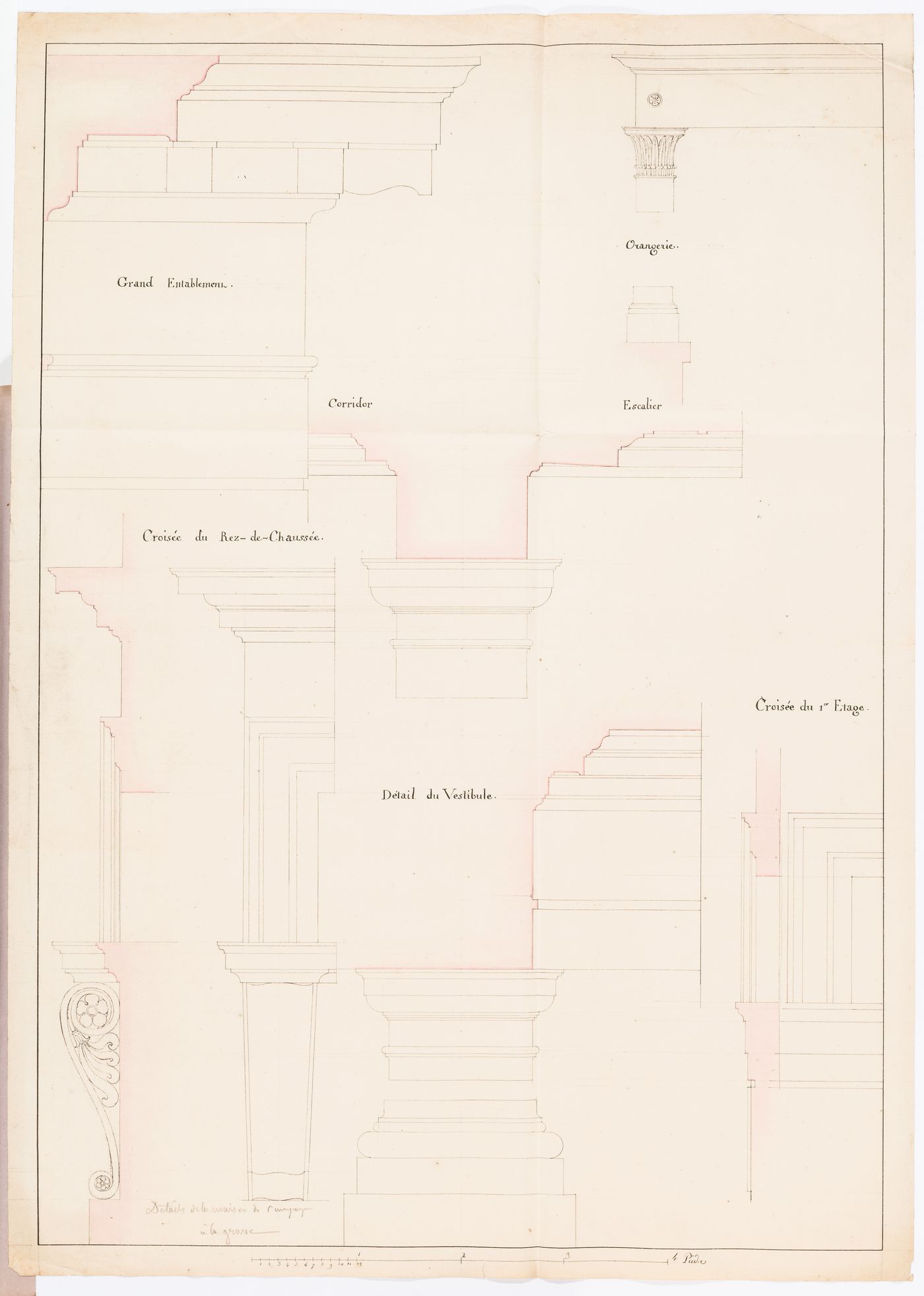 Elevations and profiles for entablatures, bases, capitals and other mouldings for a country house for duc Decazes, Grave