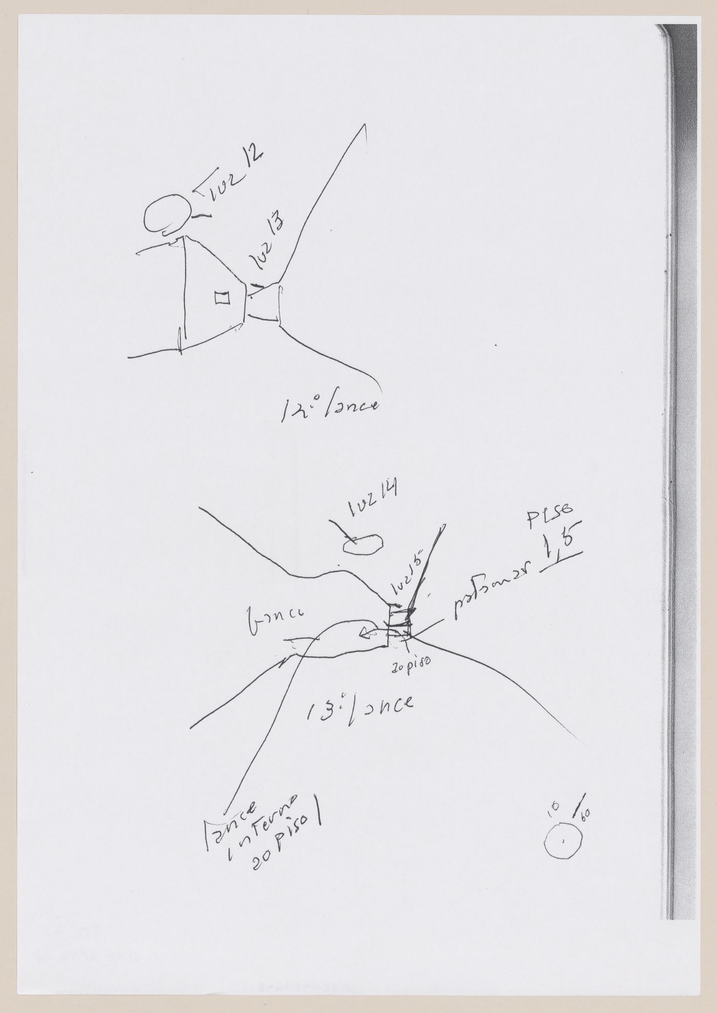 Sketch perspectives with annotations for C. Cultural e Audit. para a Fundação Iberê  Camargo [Iberê  Camargo Foundation Museum], Porto Alegre, Brazil