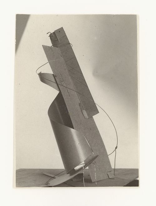 Photograph of a student model on the topic "Finding a Voluminous Form (Cylinder) with Inclusion of Additional Elements in Space" for the "Space" course at the Vkhutemas (Higher State Artistic Technical Studios), Moscow