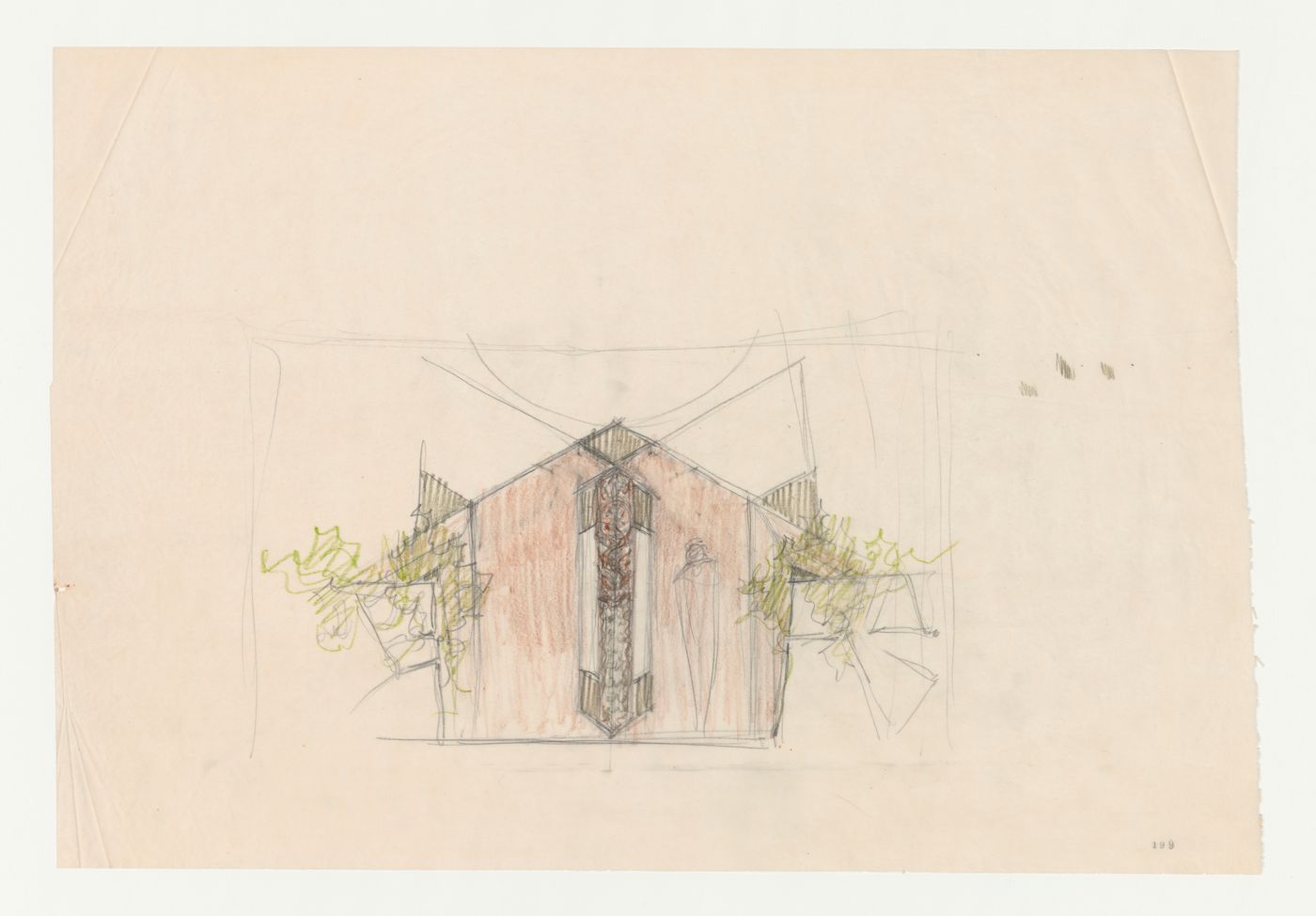 Wayfarers' Chapel, Palos Verdes, California: Sketch elevation for the entrance doors and doorframe, including berm wall planters