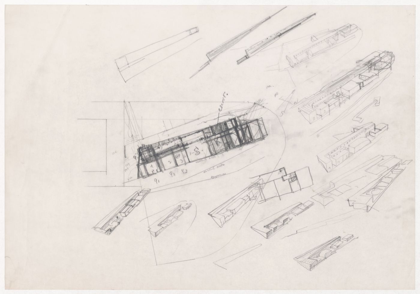 Sketch perspectives, axonometric views and floor plan for Casa Aníbal Guimarães da Costa, Trofa, Portugal