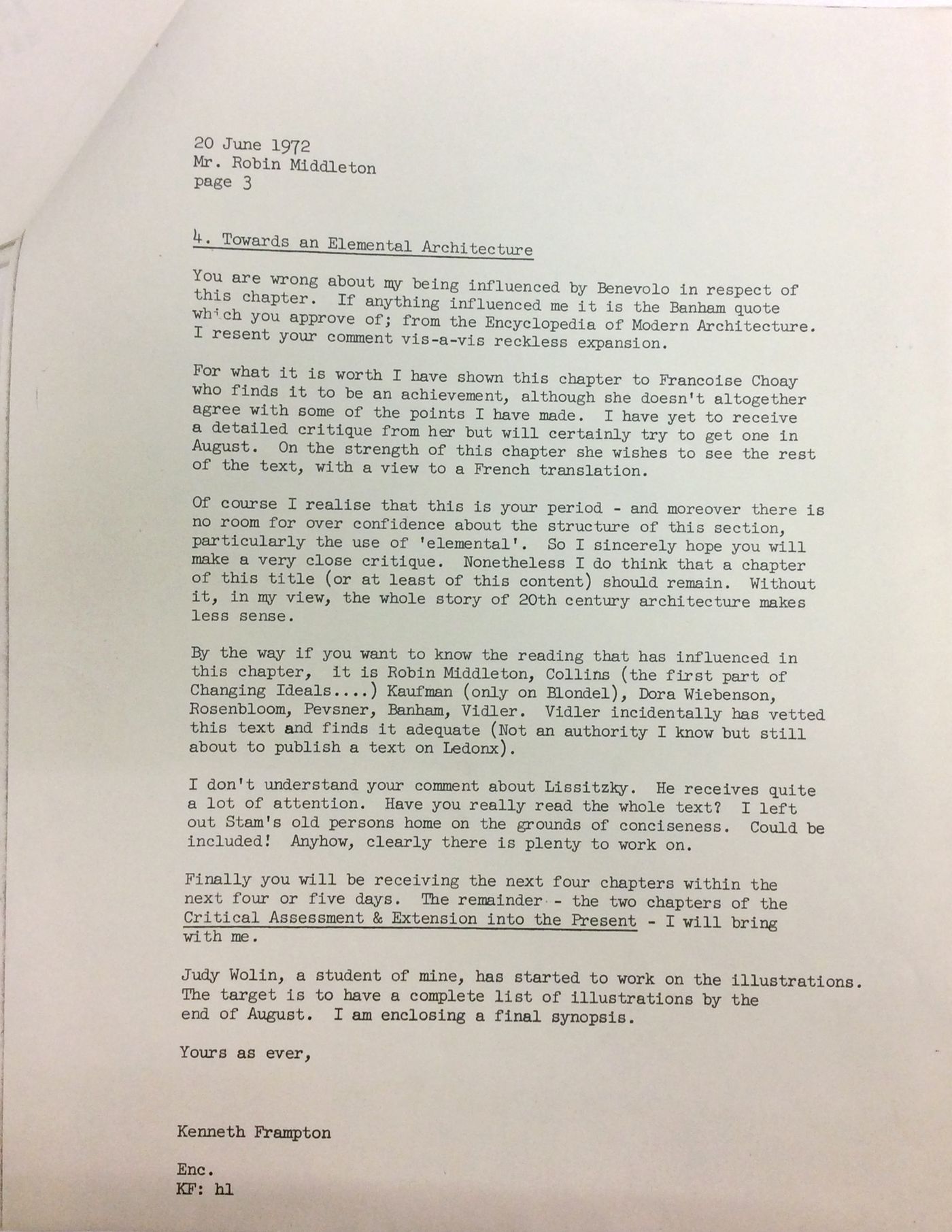 Letter from Kenneth Frampton to Robin Middleton about "Modern Architecture: A Critical History" comments