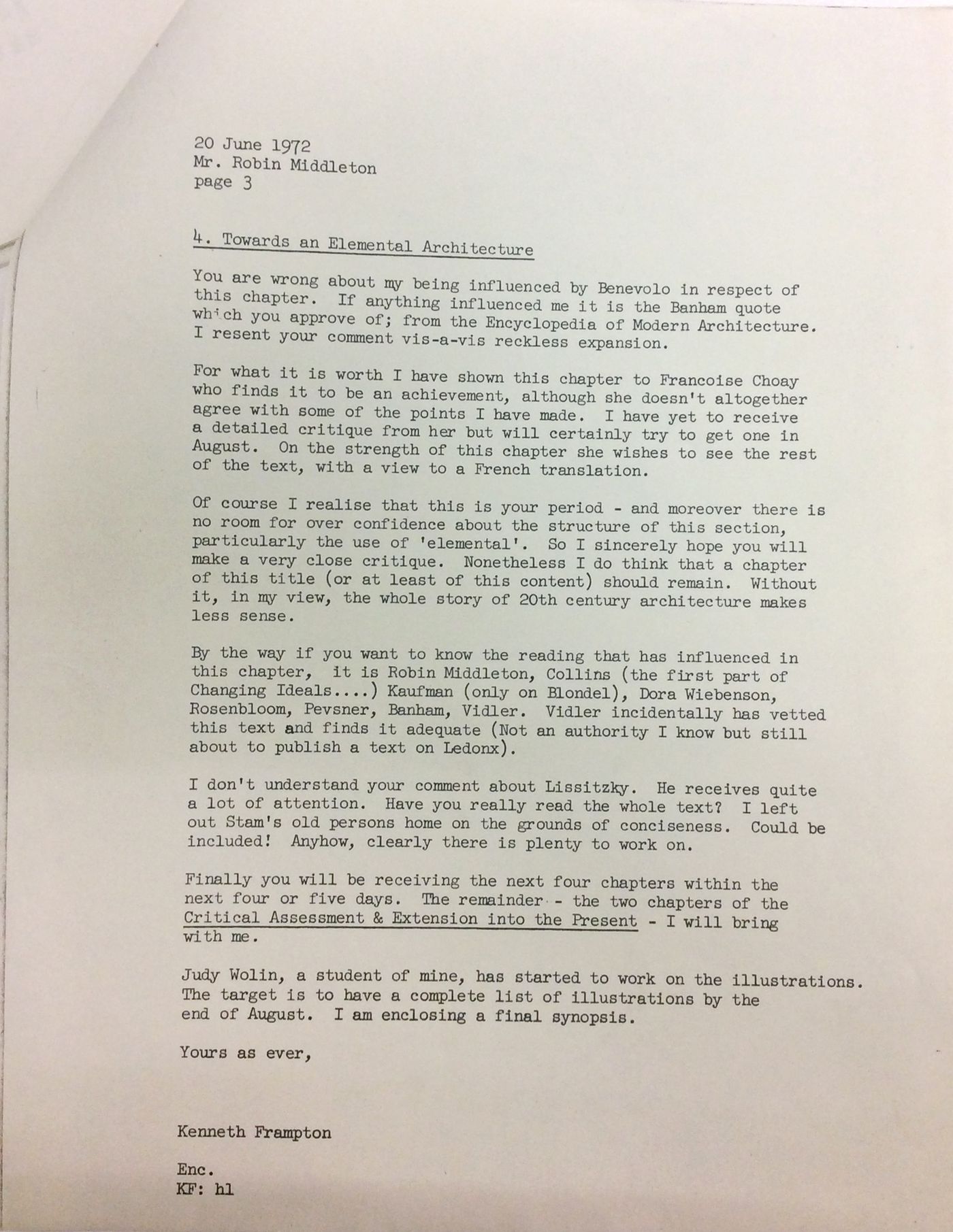 Letter from Kenneth Frampton to Robin Middleton about "Modern Architecture: A Critical History" comments