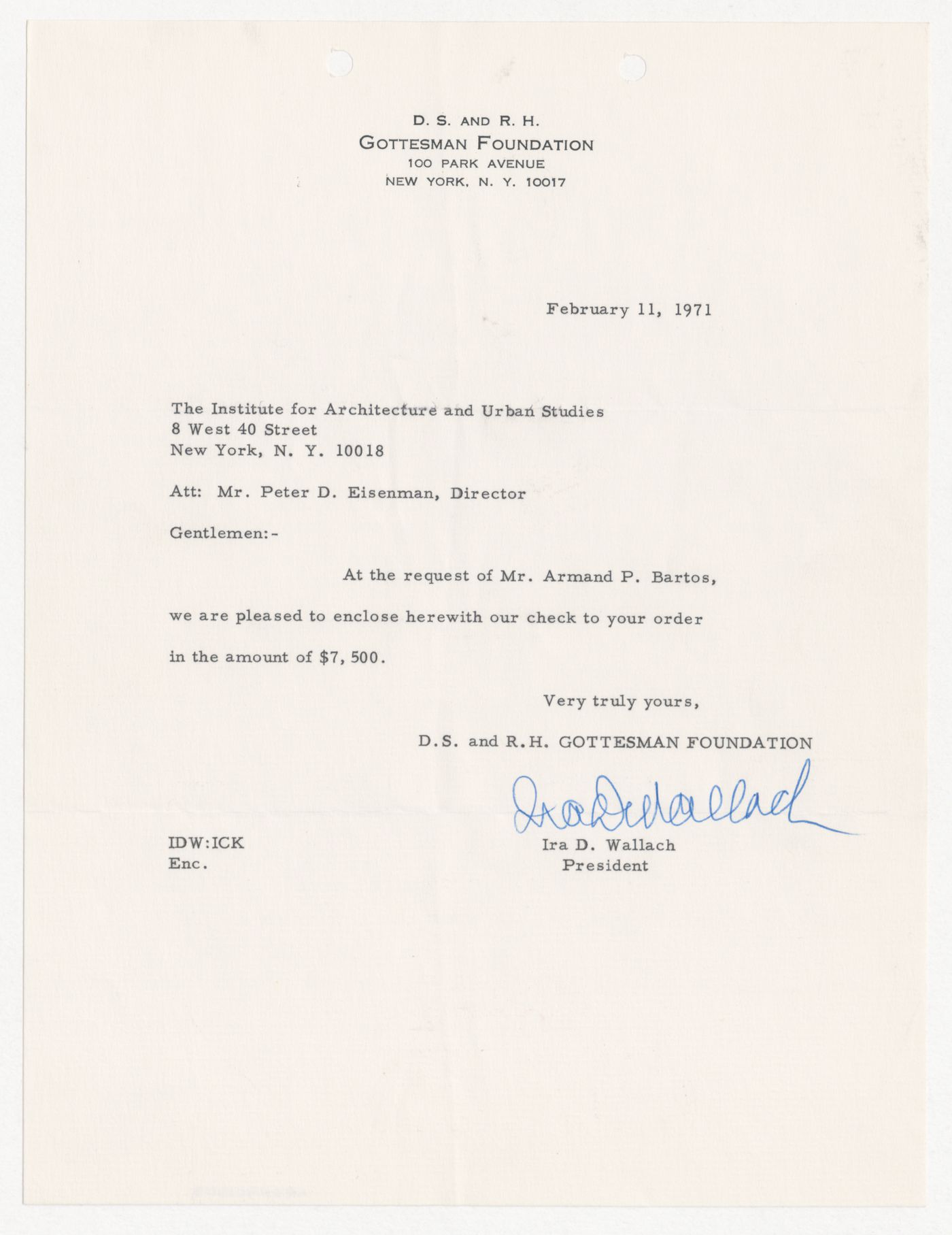 Letter from Ira D. Wallach to IAUS about funding from the D. S. and R. H. Gottesman Foundation