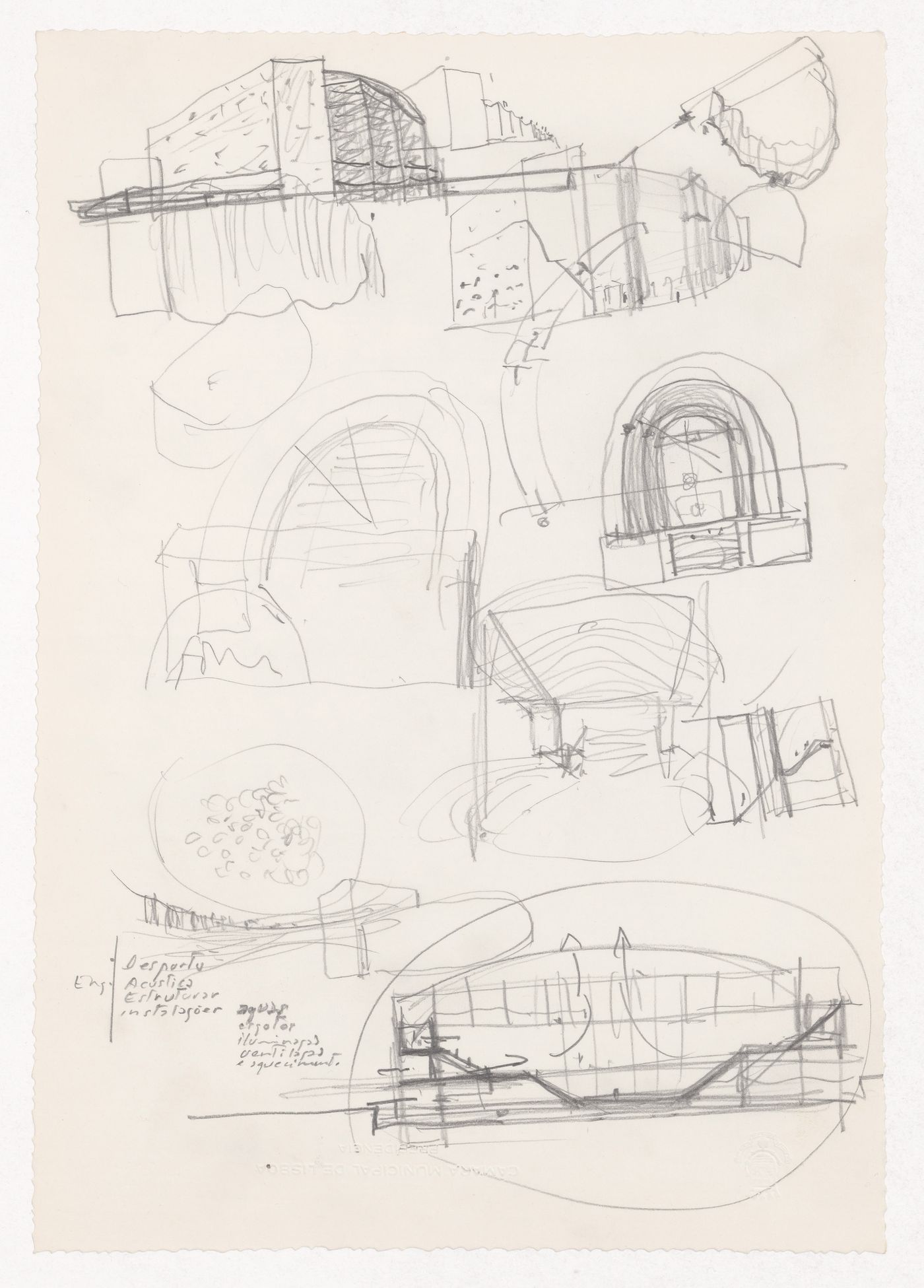 Sketch axonometric views and section for Reitoria e Auditorio Nou. Camp. Univ. de Valencia - Proj. II, Valencia, Spain