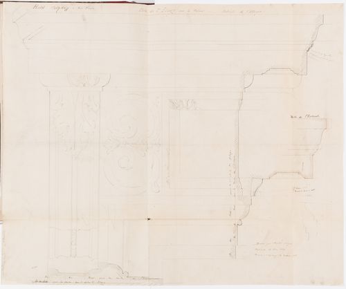 Full-scale profiles and partial elevation for door frames on the "entresol" and second floor of the grand staircase, Hôtel Soltykoff