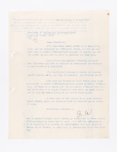Correspondence, letter to Redaction de Techniques et Architecture from Amancio Williams