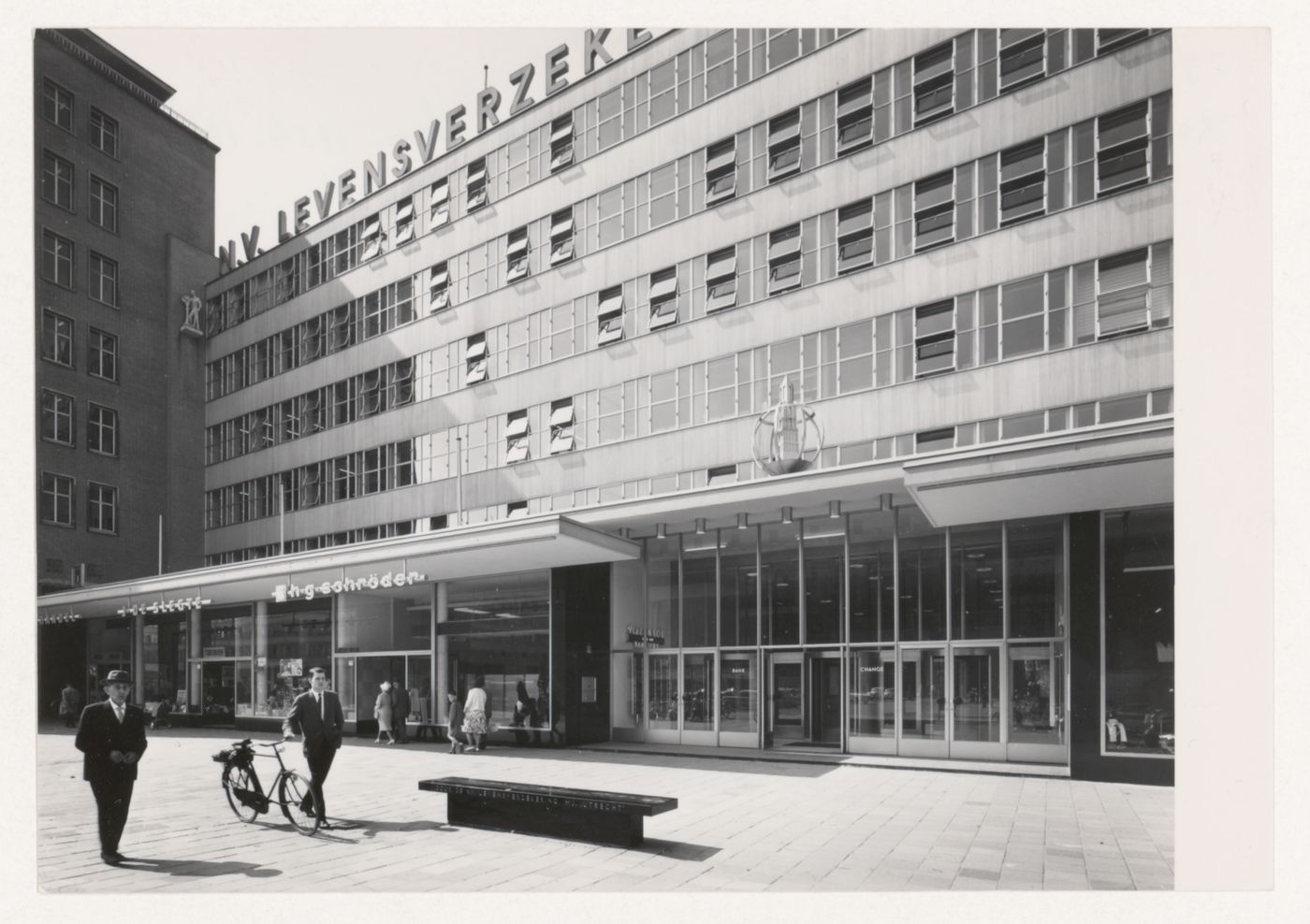 View of the principal façade of the Utrecht Life Insurance Company Building showing the main entrance, Rotterdam, Netherlands