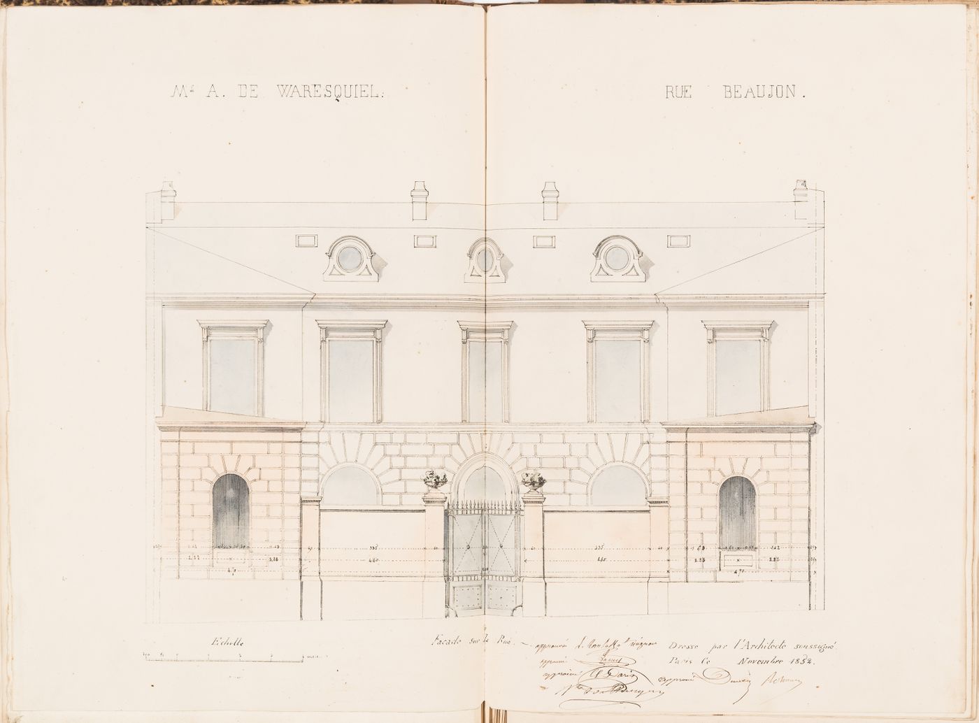 Contract drawing for a house for Monsieur A. Waresquiel, rue Beaujon, Paris: Elevation for the courtyard wall and principal façade