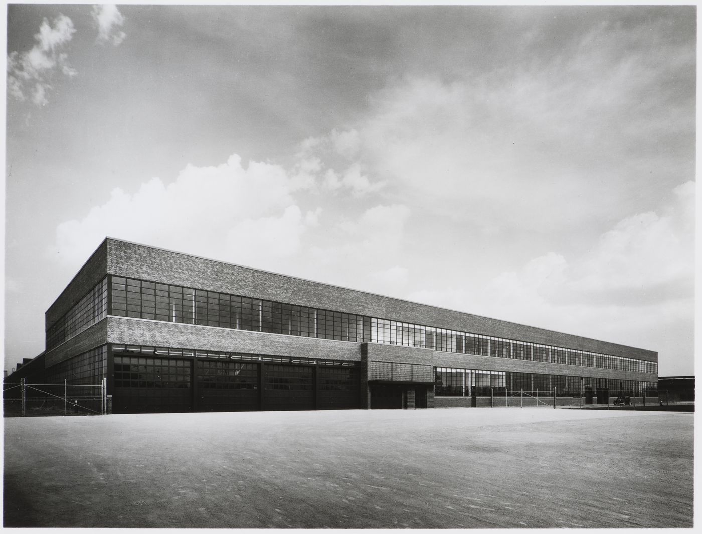 View of the principal façade of the Assembly [?] Building, Half-Ton Truck Plant, Chrysler Corporation Dodge division, Mound  and Eight Mile Roads, Detroit, Michigan