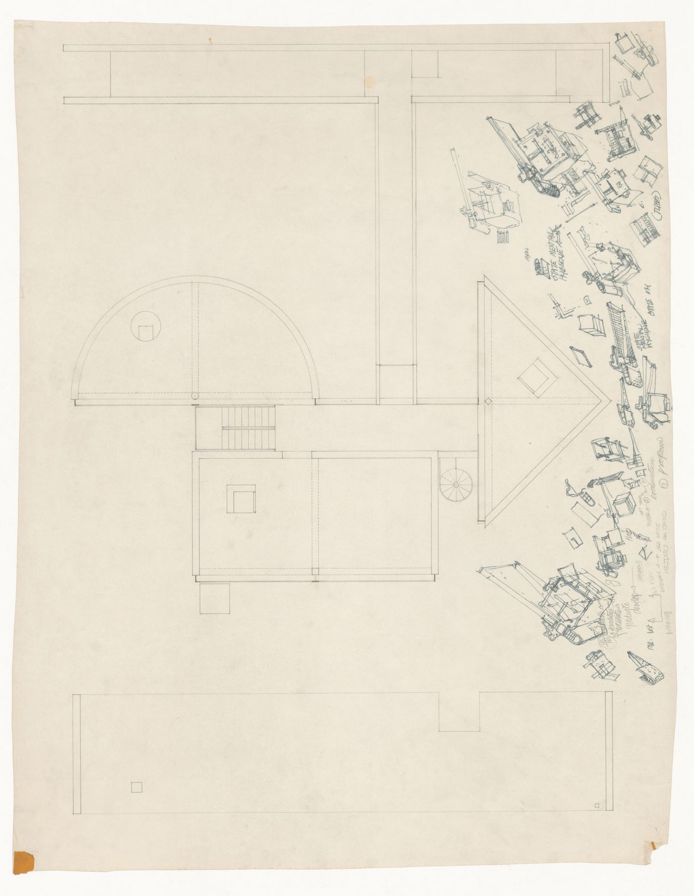 Plan with sketch axonometrics for One-Half House