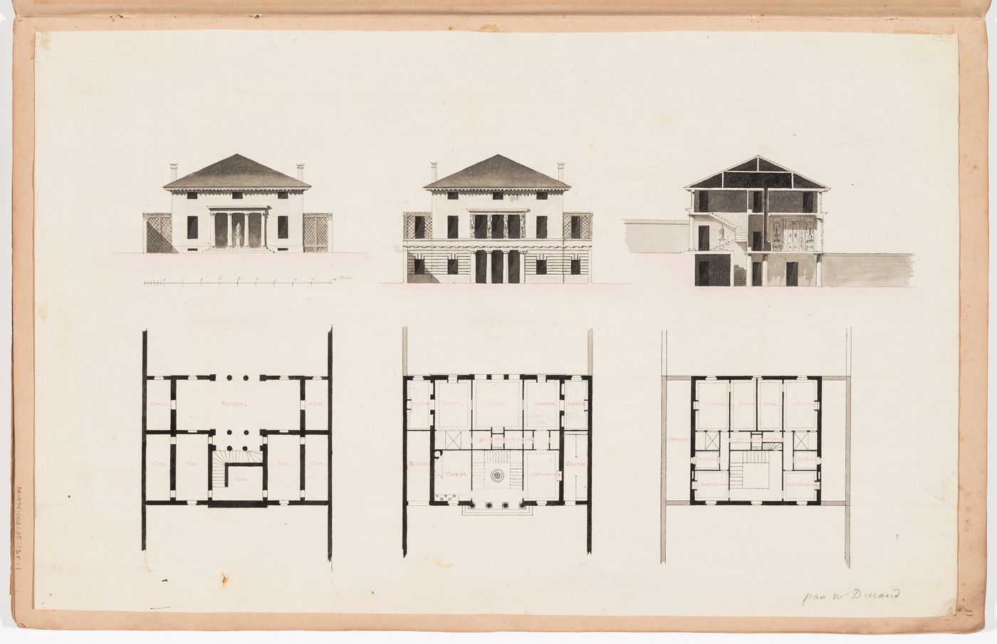 Front elevation and ground and first floor plans of Hôtel Lathuille, Paris; verso: Plan for an unidentified house