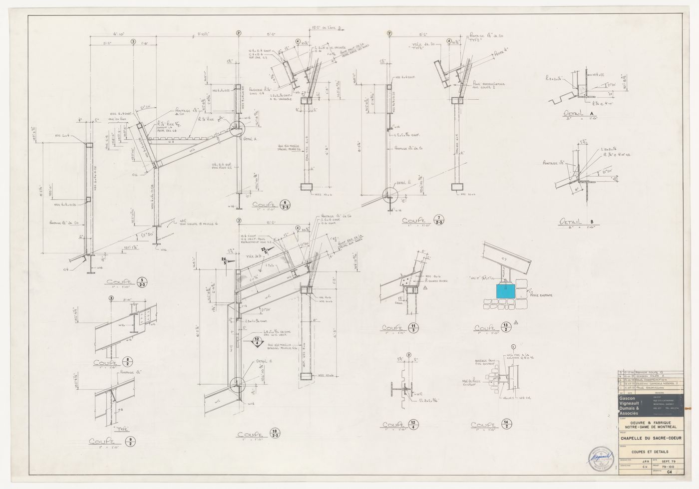 Sections for construction details for the reconstruction of the Chapelle du Sacré-Coeur, Notre-Dame de Montréal