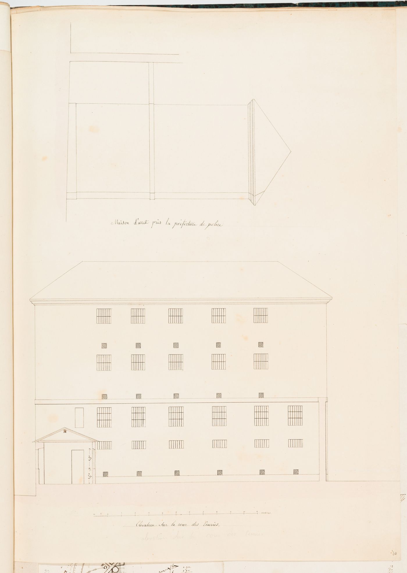 Project for the enlargement of the prison near the Préfecture de police, rue de Jérusalem, Paris: Elevations for the façade facing the "cour des écuries"