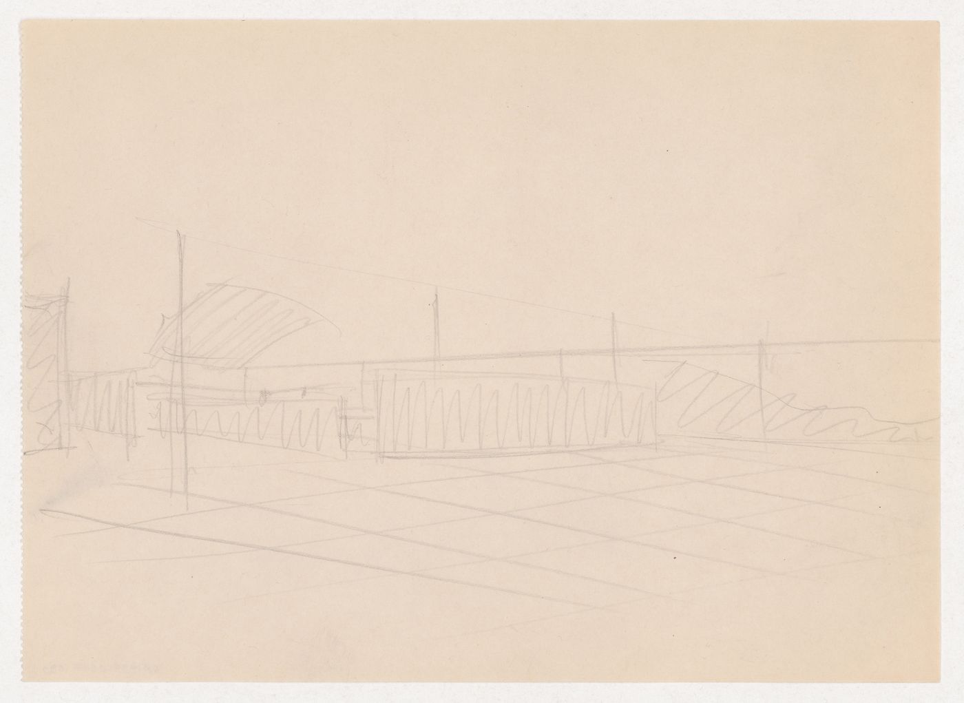 Interior perspective sketch for Museum for a Small City showing the auditorium with suspended ceiling