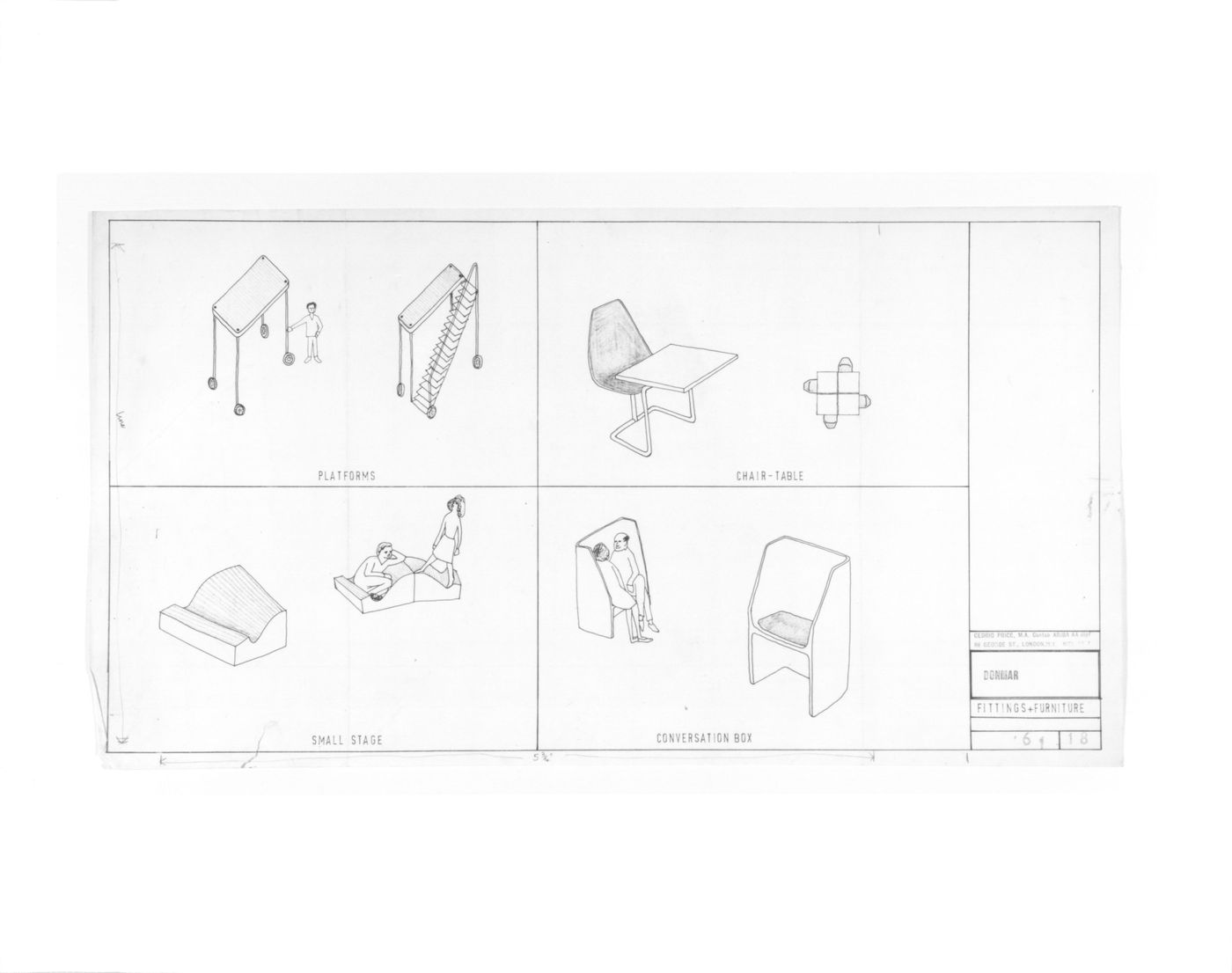 Sketches of fittings and furniture, Donmar Theatre, London
