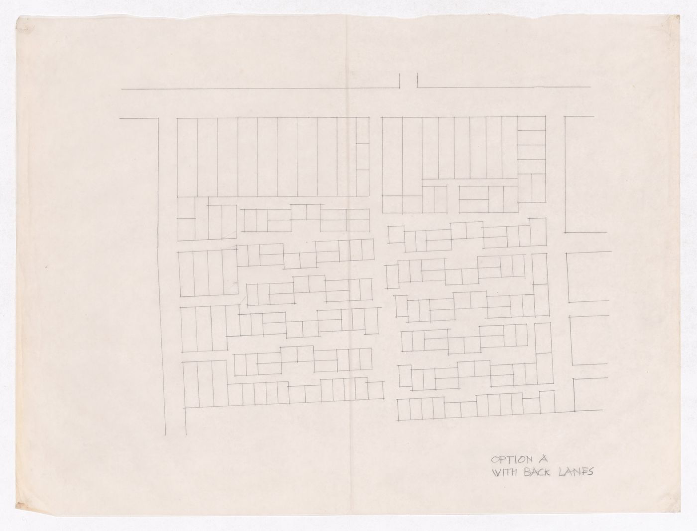 Sketch showing plots layout development for Minimum Cost Housing Group's plot in Aranya township, India, for Aranya Housing Project