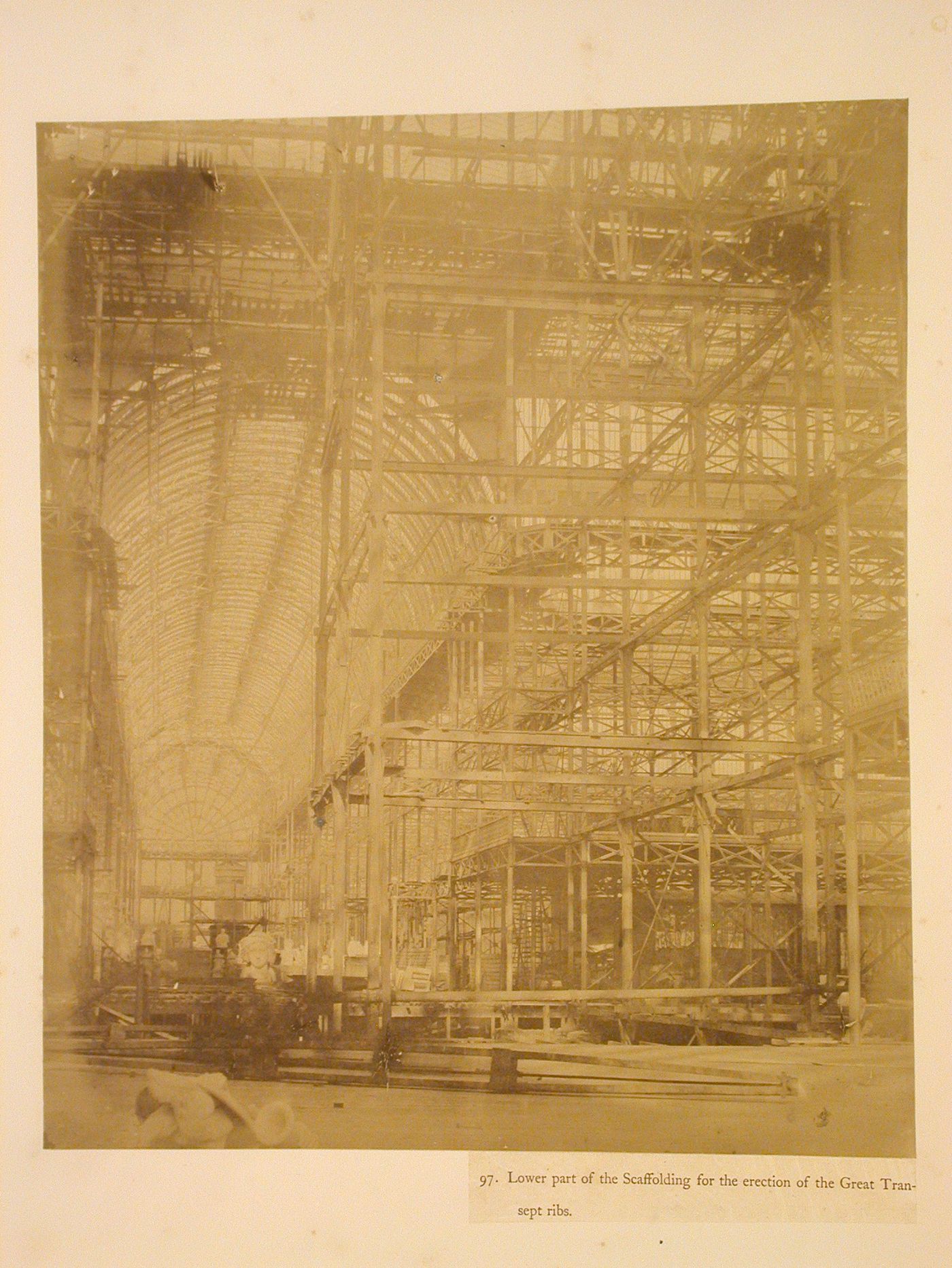 Lower part of the scaffolding for the erection of the Great Transept ribs, Crystal Palace, Sydenham, England