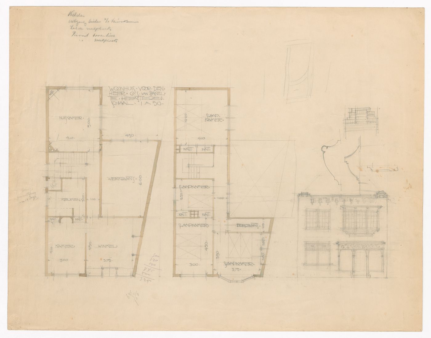 Ground and first floor plans and principal elevation for a house and shop with an L-shaped plan for Mr. G.S. van Bakel, Heemstede, Netherlands
