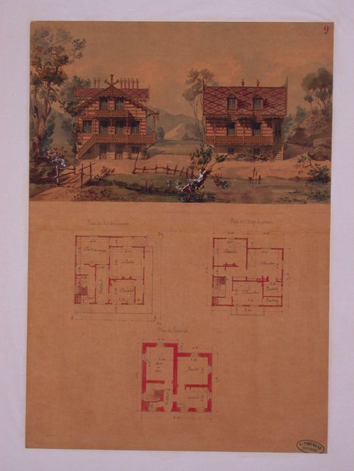 Rendered elevations and plans for a chalet-style house with an irregular plan