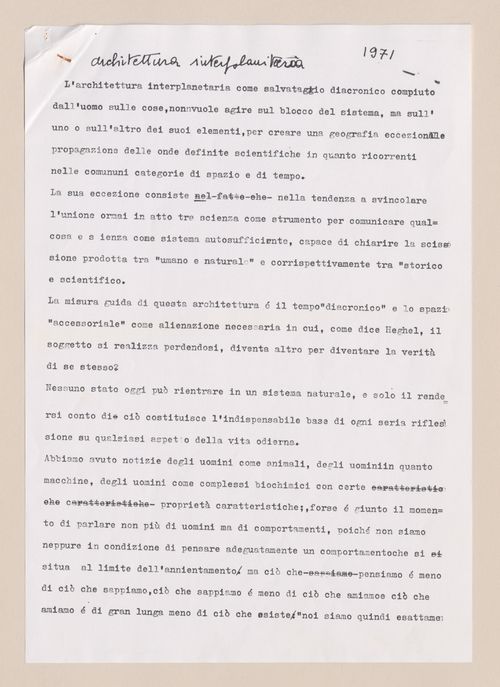 Photocopy of original script of the opening scenes for Architettura Interplanetaria [Interplanetary Architecture]