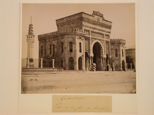 View of the entrance gate of the Seraskerate (later known as the Ministry of War or Ministry of Defense; now Istanbul Üniversitesi) with the Seraskerate Tower (now Beyazit Tower) in the left background, Constantinople (now Istanbul), Ottoman Empire (now i