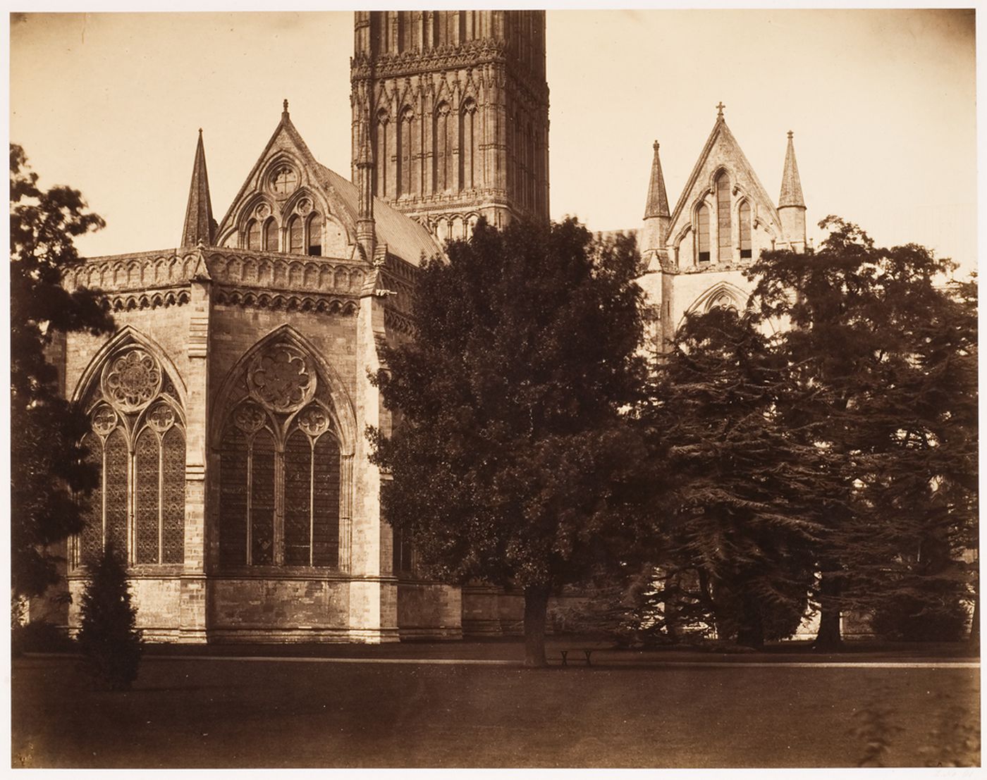 Chapter House and Cathedral, viewed from the bishop's garden, Salisbury, England