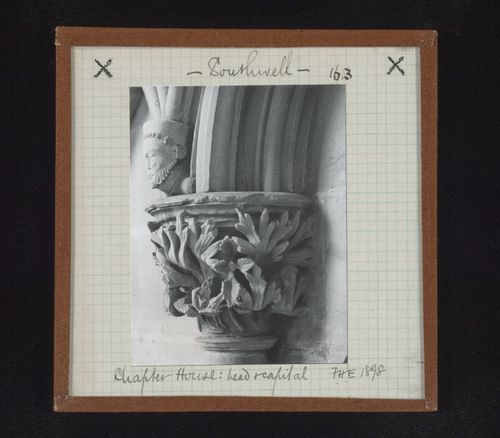 View of capital with sculpture of head on the abacus at Chapter House, Southwell Minster, Southwell, Nottinghamshire, England