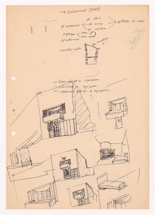 Sketch perspectives and details with annotations for Conjunto Habitacional em Caxinas, Vila Cova - Vila do Conde, Portugal