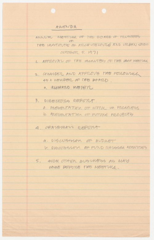 Draft agenda for annual meeting of the Board of Trustees with attached notes