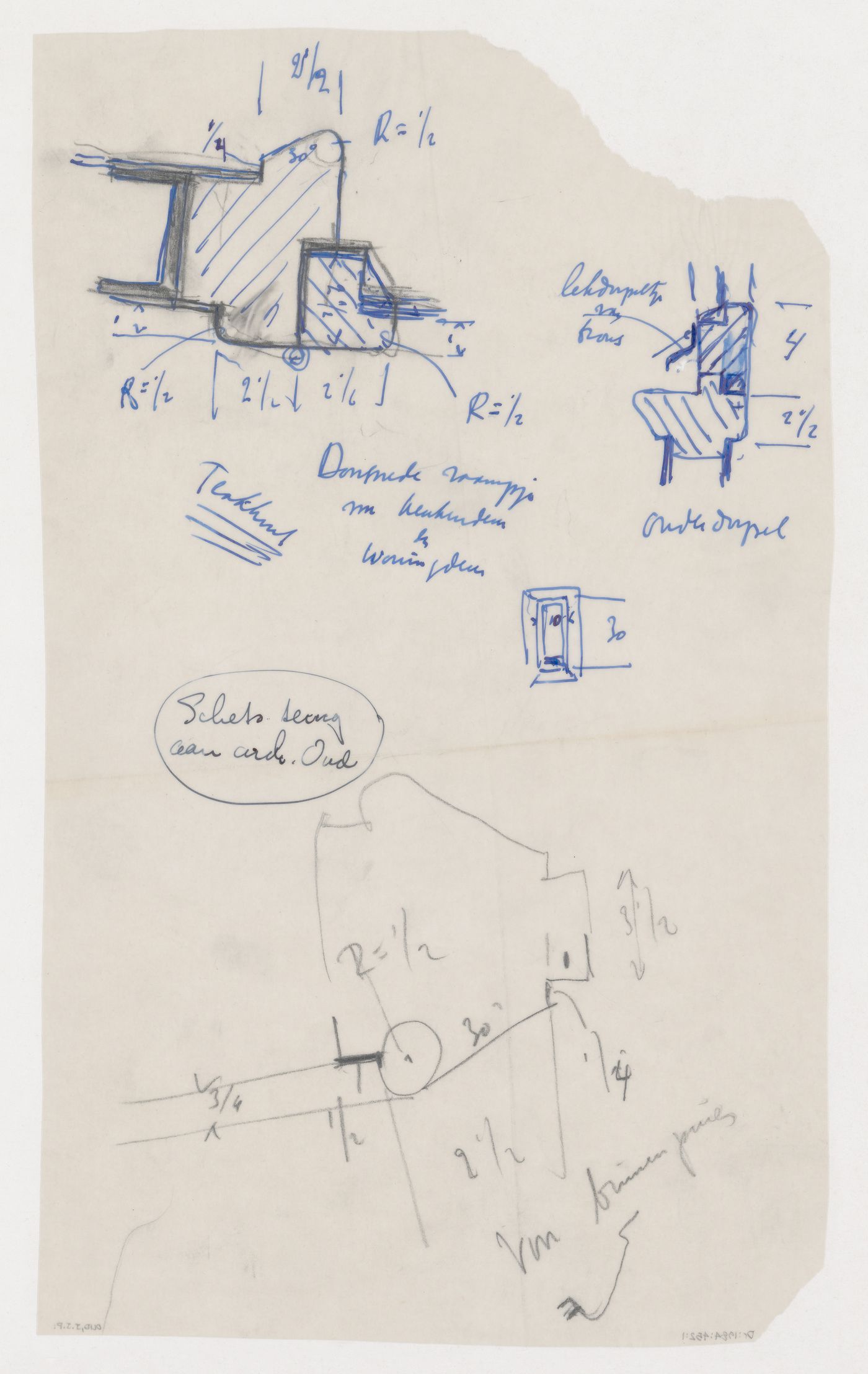 Sketch elevation and sectional details for a doorway, possibly for the Shell Building, The Hague, Netherlands