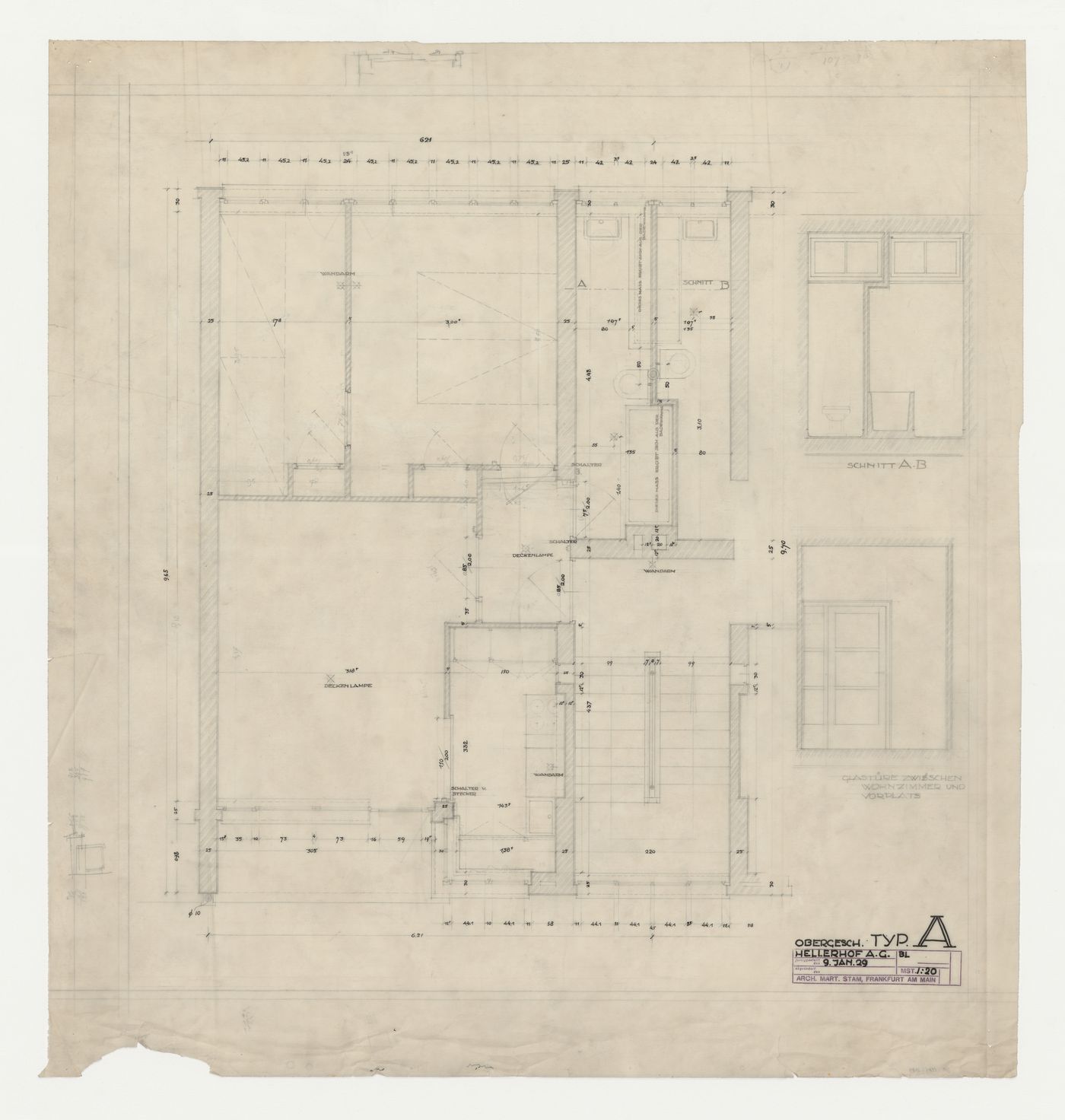 First floor plan and sections for a type A housing unit, Hellerhof Housing Estate, Frankfurt am Main, Germany