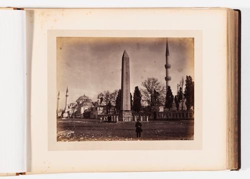 View of the Obelisk of Emperor Theodosius I with Hagia Sophia (also now known as Ayasofya Müzesi) in the left background and a minaret of the Sultanahmet Camii (also known as the Blue Mosque) on the right, Constantinople (now Istanbul), Ottoman Empire (no