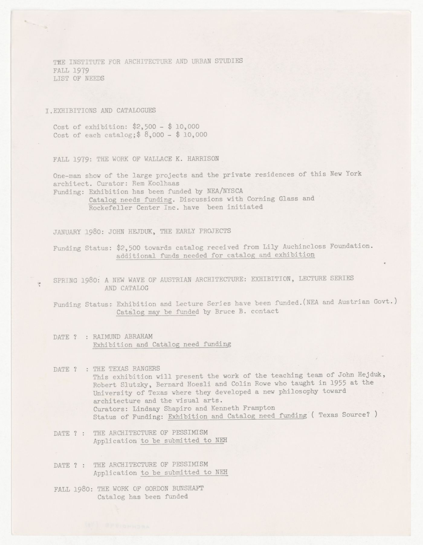 List of needs for fall 1979
