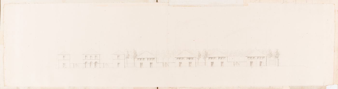 Project for a horse slaughterhouse, Plaine de Grenelle: Elevations for seven unidentified buildings