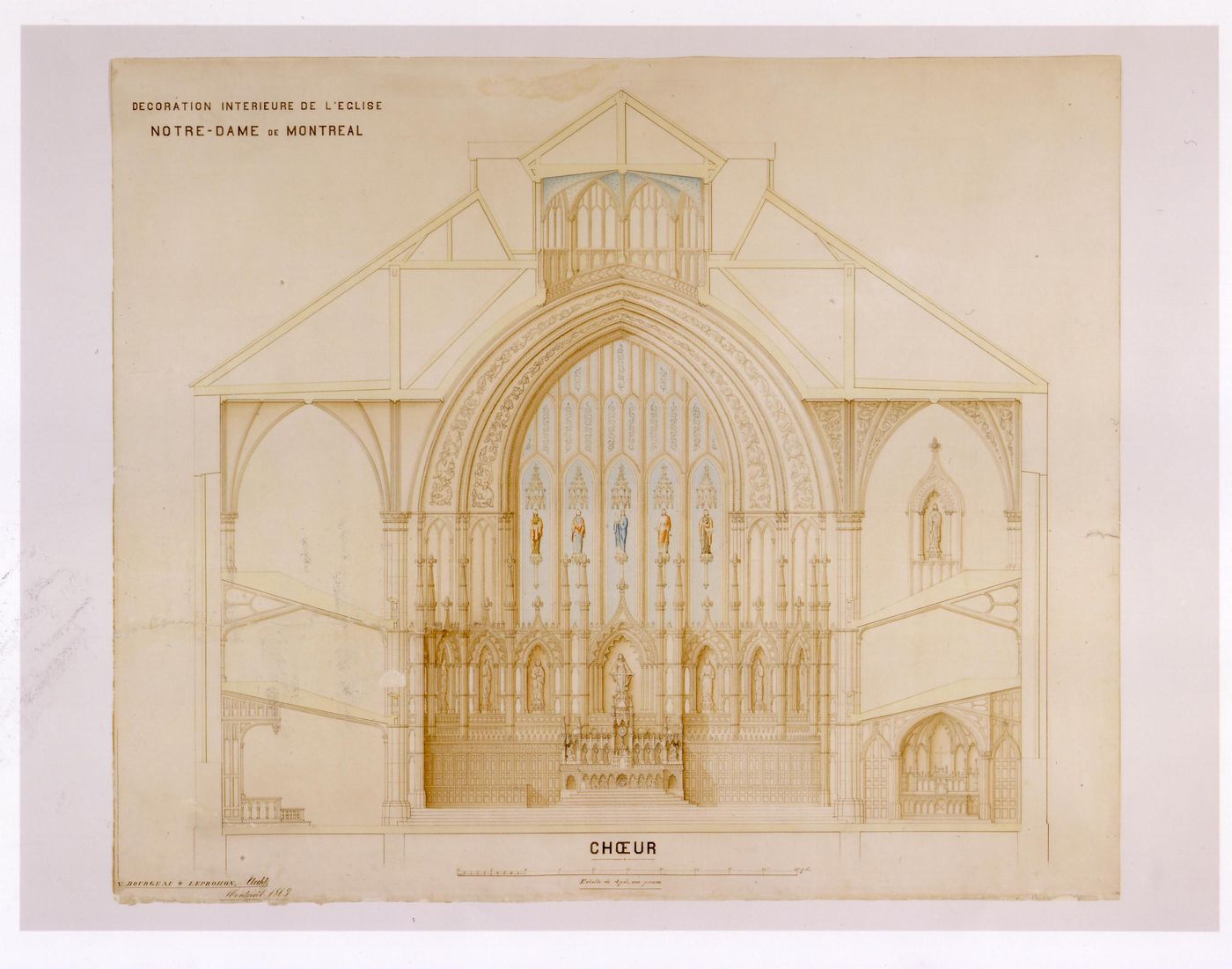 Sectional elevation for the choir for the interior design by Bourgeau et Leprohon for Notre-Dame de Montréal