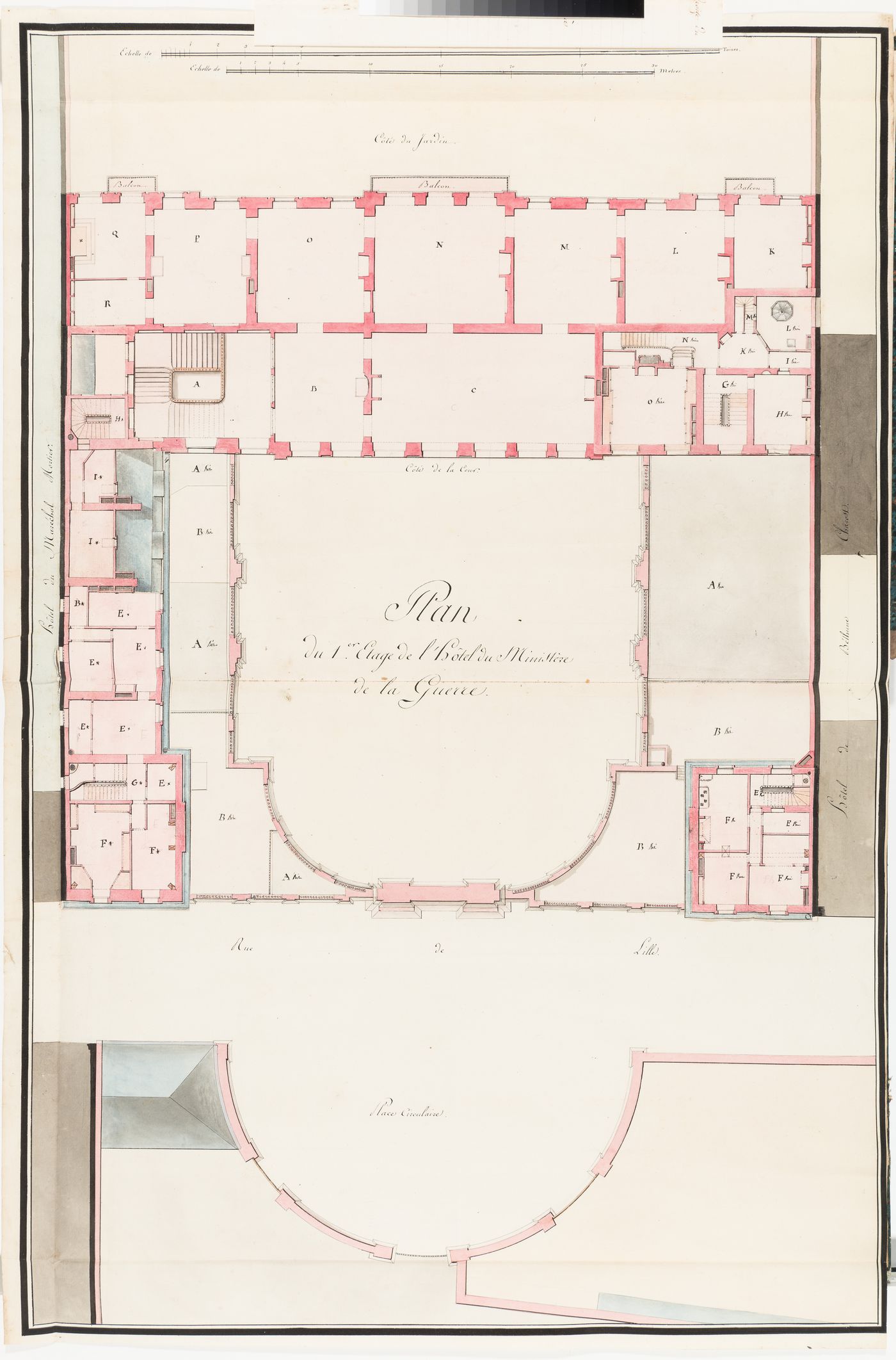 Hôtel du ministère de la Guerre, Paris: Plan for the first floor and "entresols" with attached key