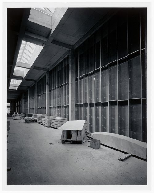 Interior view of exhibition galleries showing skylights, wall studs and stone slabs, Canadian Centre for Architecture under construction, Montréal, Québec