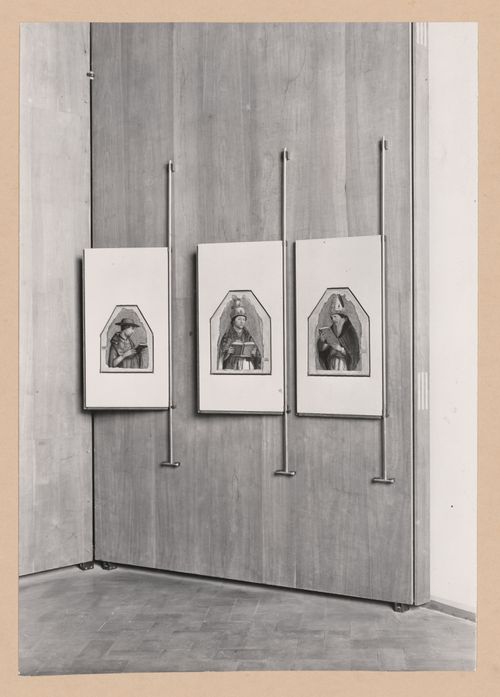 Interior view of the Salle di Antonia Messina showing three paintings hinged to the wall on the right edge of their frames, Palazzo Abatellis, Galleria regionale della Sicilia, Palermo, Italy