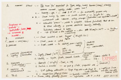 Exmart: notes on market stalls, surfaces, drains and lavatories, services, etc.