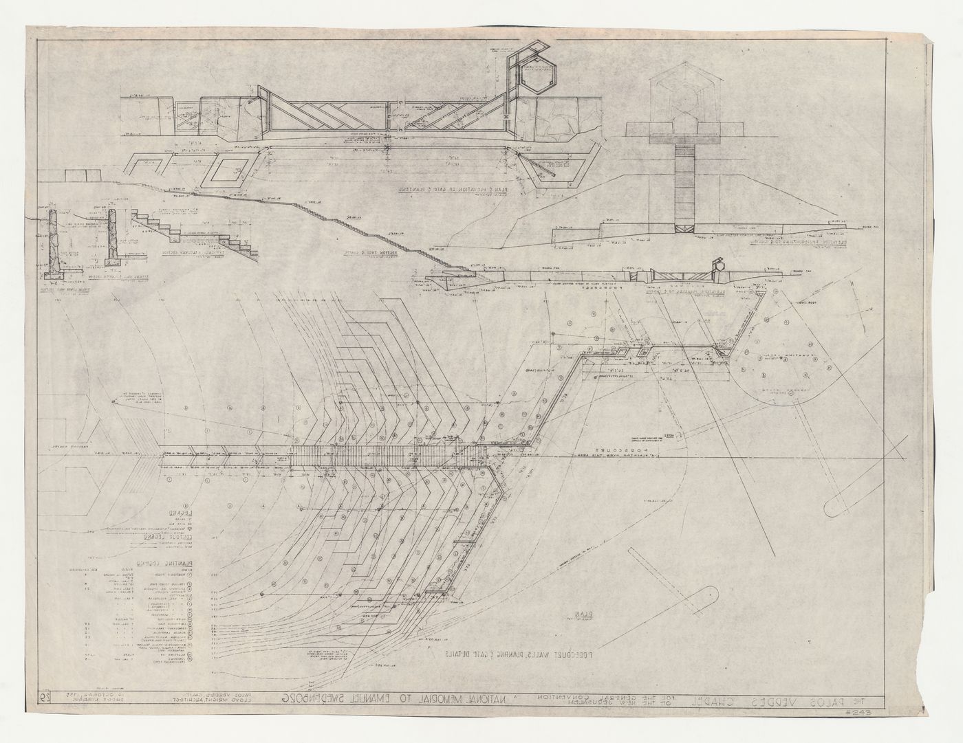 Wayfarers' Chapel, Palos Verdes, California: Reversed planting plan, elevation and section for forecourt, steps and chapel, with plan, elevation and details for entrance gates and sign