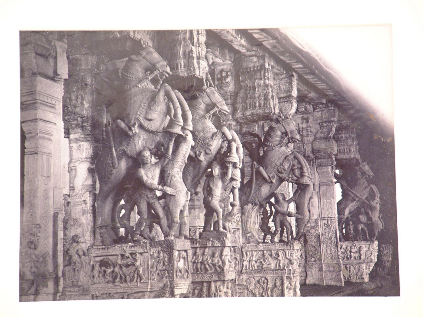 Partial view of façade of the Sheshagiriayar Mandapa shrine showing sculpted columns, Srirangam Temple (also known as the Sri Ranaganath Temple), Seringham (now Srirangam), India