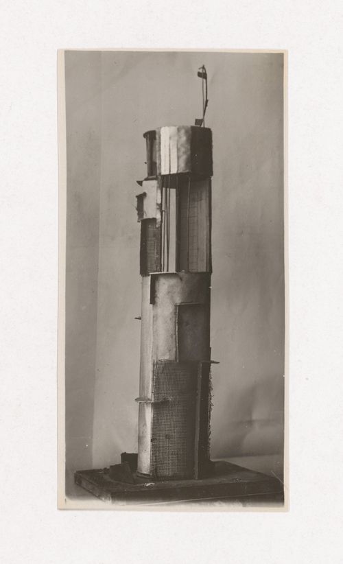 Photograph of a student model on the topic "Finding a Voluminous Form (Cylinder) with Inclusion of Additional Elements in Space" for the "Space" course at the Vkhutemas (Higher State Artistic Technical Studios), Moscow
