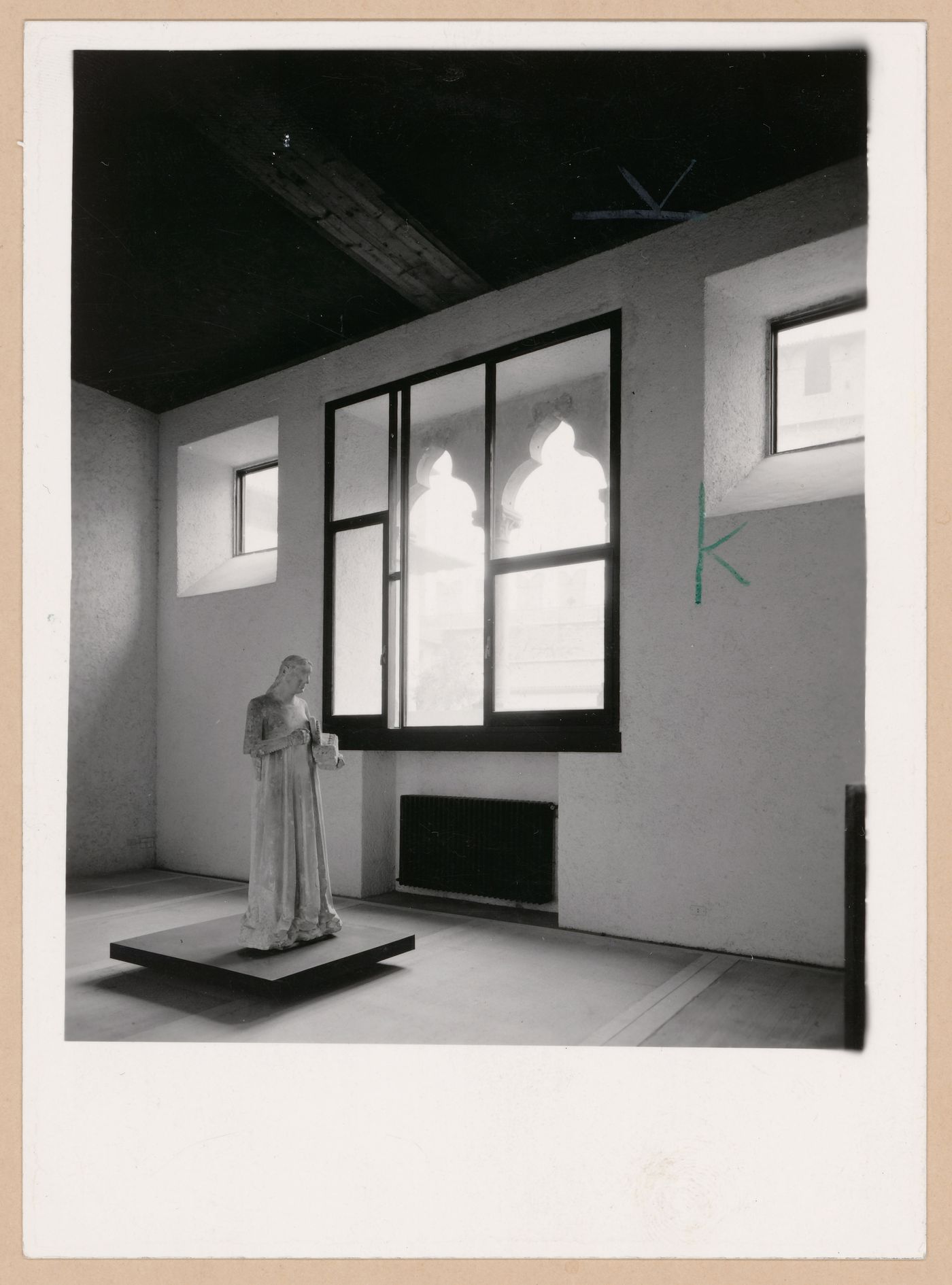 Interior view of a gallery showing a statue and windows, Museo di Castelvecchio, Verona, Italy