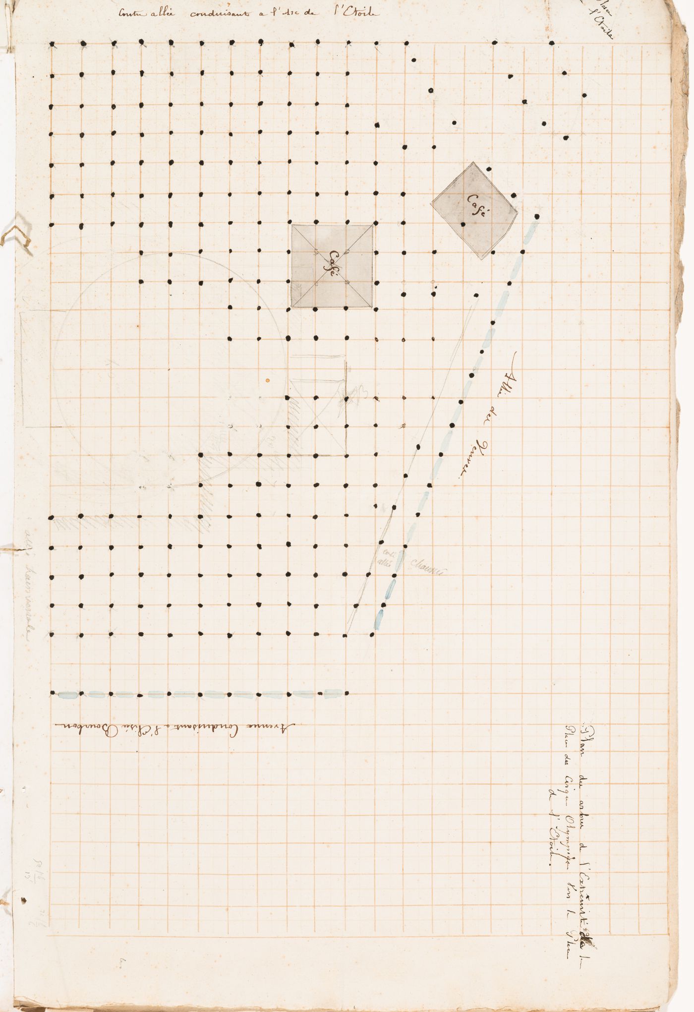 Plan showing the location of trees and cafés in place du Cirque Olympique