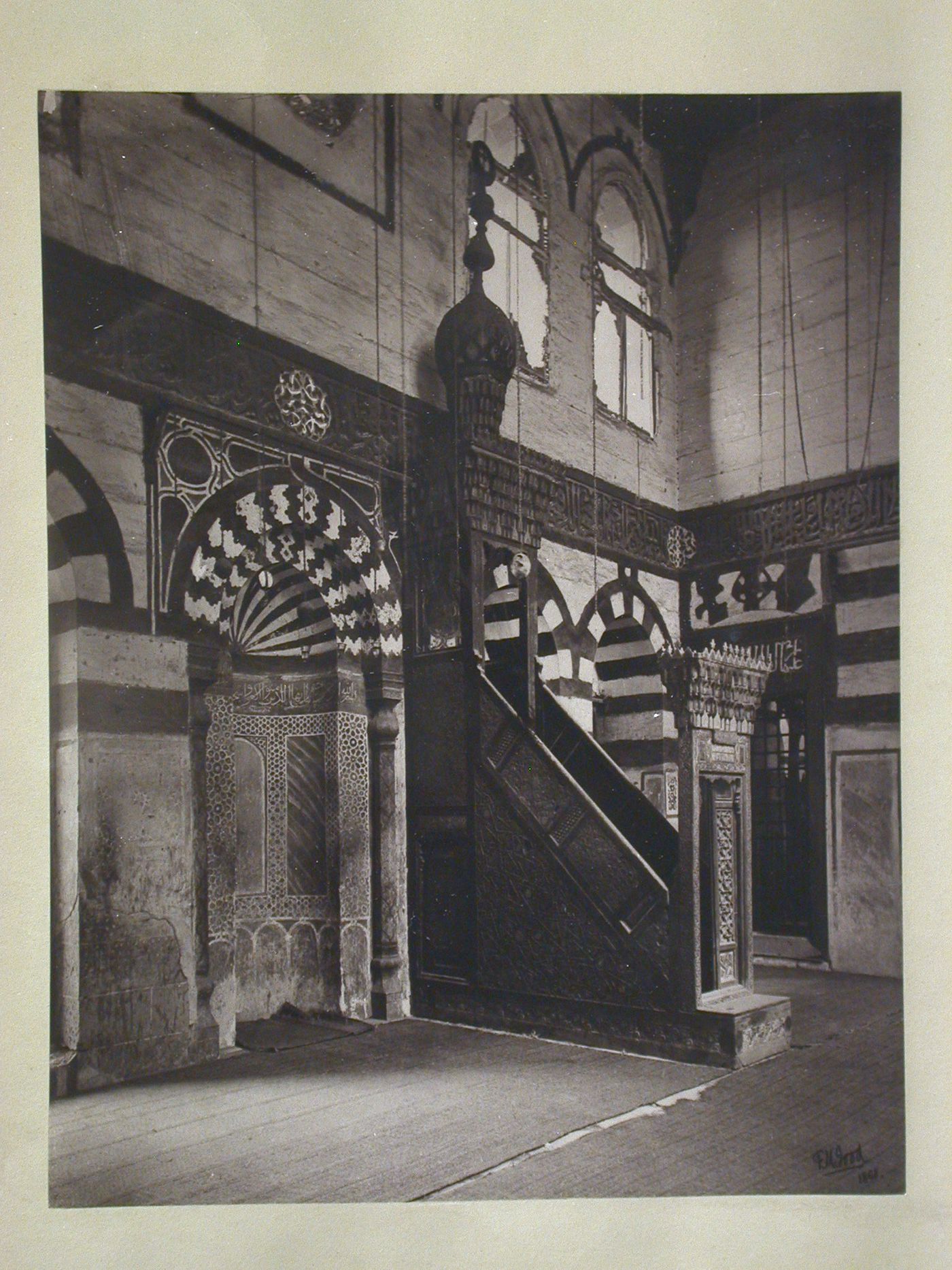 Eastern cemetery, mosque and Mausoleum of Sultan Qa it Ray, prayer hall, qiblah wall, view of mihrab and minbar, Cairo, Egypt