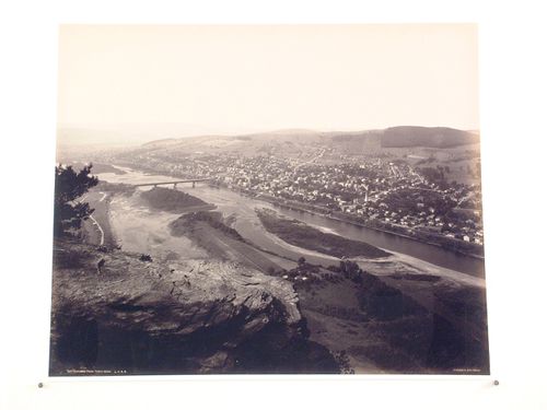 View from Table Rock of landscape, and railroad bridge spanning river, Towanda, Pennsylvania, United States