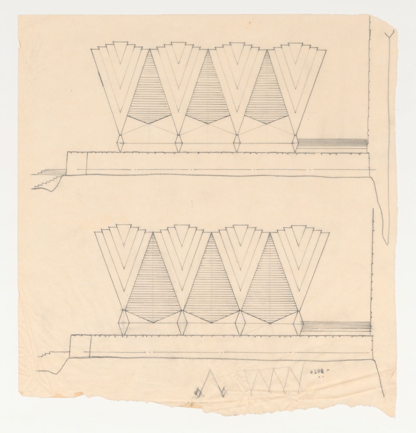 Two alternate elevations for a chapel roof canopy based on the Wayfarers' Chapel design