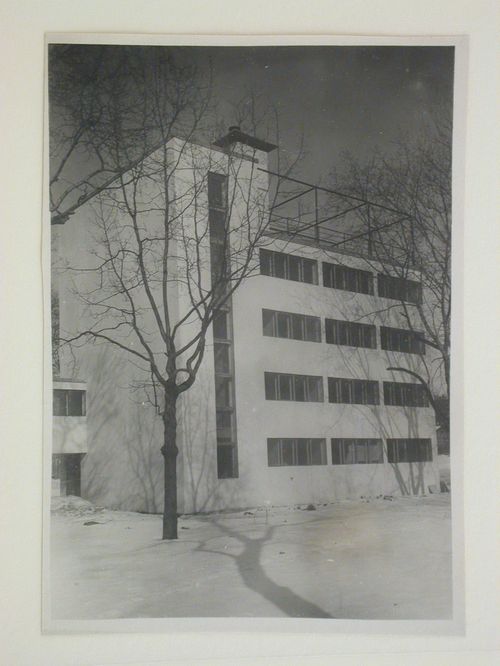 Exterior view of the communal centre of the People's Commissariat for Finance (Narkomfin) Apartment Building, 25 Novinskii Boulevard, Moscow