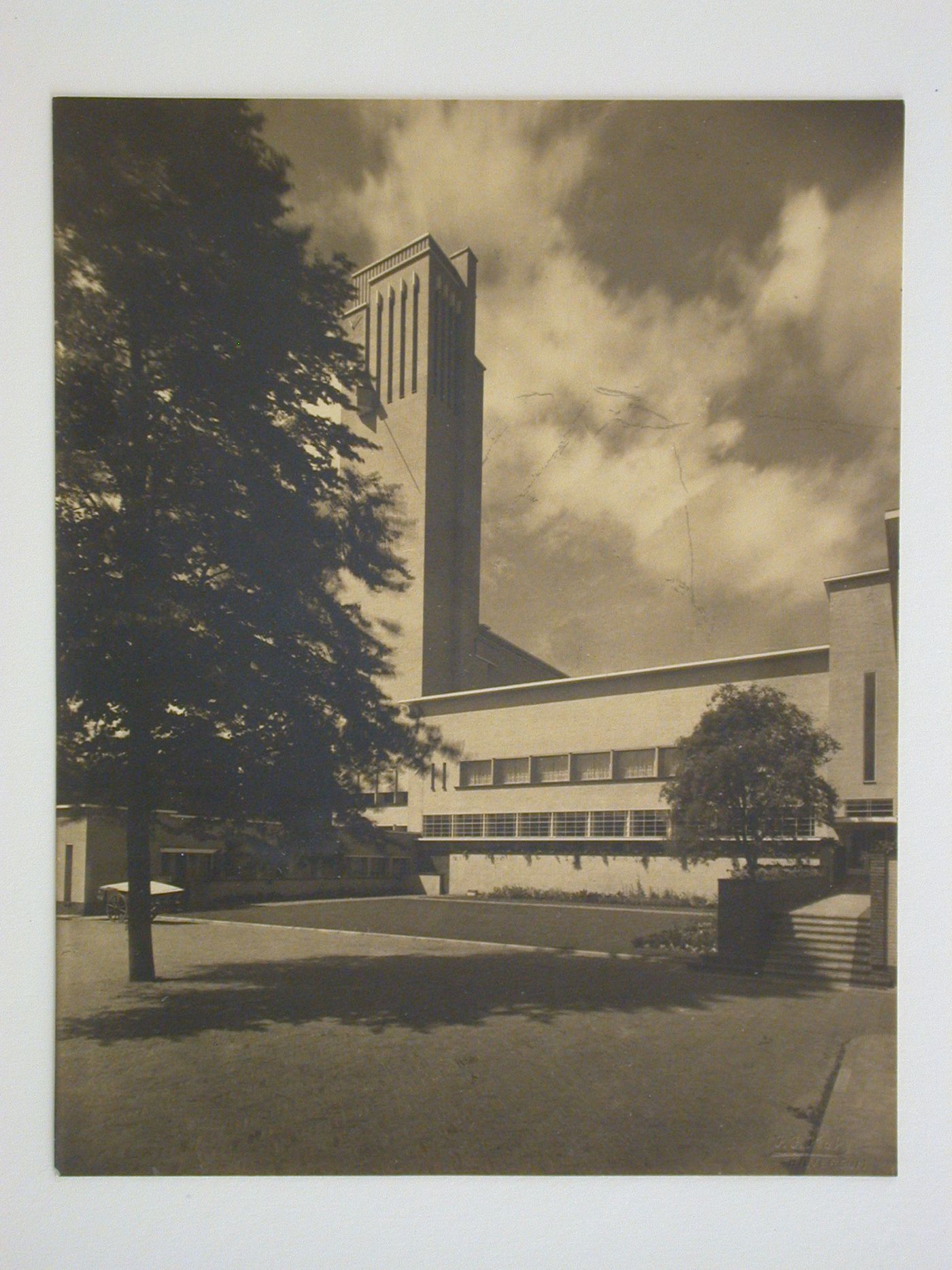 Town hall partial view of rear of building with pine tree on left, Hilversum, Netherlands